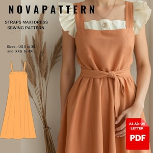 May include: A sewing pattern for a maxi dress with straps. The pattern is available in sizes UK 4 to 34 and XXS to 4XL. The pattern is available as a digital download in A4-A0-UK letter size PDF format.