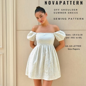 Op de afbeelding: Een witte off-shoulder zomerjurk met een zwart stippenpatroon. De jurk heeft pofmouwen en een getailleerd bovenlijf. De jurk wordt getoond op een model. De tekst "NOVAPATTERN", "OFF SHOULDER SUMMER DRESS", "SEWING PATTERN", "Sizes: US 0 to 30 and XXS to 4XL", en "A4- US LETTER Size Papers" is zichtbaar op de afbeelding.