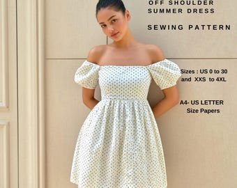 Patrón de costura para minivestido con hombros descubiertos: falda fruncida (patrón PDF)