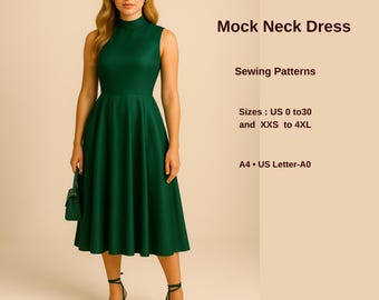 Turtleneck Cottagecore Dress Sewing Pattern: US Size 2-30 (PDF Download