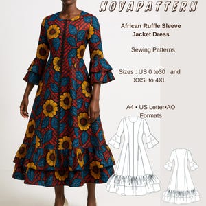Afrikanisches Ankara Jacke mit Rüschenärmeln, Schnittmuster (PDF-Download, große Größen erhältlich)