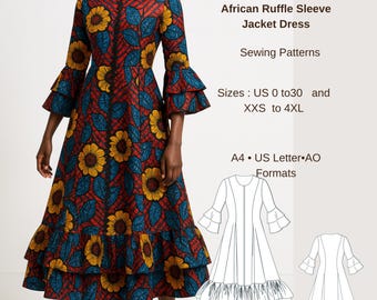 Patrón de costura para vestido africano con mangas con volantes / Vestido largo Ankara / Vestido con dobladillo con volantes en capas / Vestido largo elegante / Patrón de costura en PDF