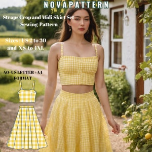 Patrón de conjunto de verano Cottagecore, top corto con tirantes, tallas A0-A4-Carta; EE. UU. 2 a 30 (nuestra colección incluye opciones de tallas grandes)