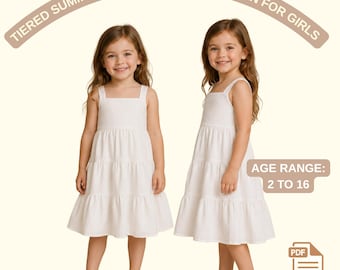 Naaipatroon gelaagde zomerjurk voor meisjes | Mouwloze midi-jurk met ruches | PDF-patroon | A4 en US Letter | 2-16 jaar