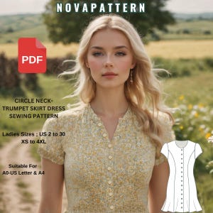 Patrón de vestido abotonado, trompeta, mangas abullonadas hasta la rodilla, adecuado para tallas A0-A4-US Carta// Mujer; US 2 a 30 // XS a 4XL