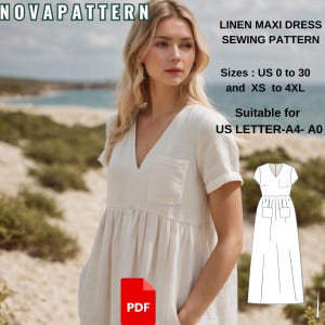 Linen Maxi Dress Sewing Pattern: Gathered Summer Sundress (PDF Pattern)