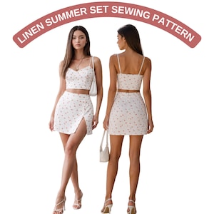 May include: A white linen summer set sewing pattern. The set includes a crop top and a mini skirt, both decorated with a delicate red floral print. The skirt has a side slit. The text "LINEN SUMMER SET SEWING PATTERN" is arched above the models.