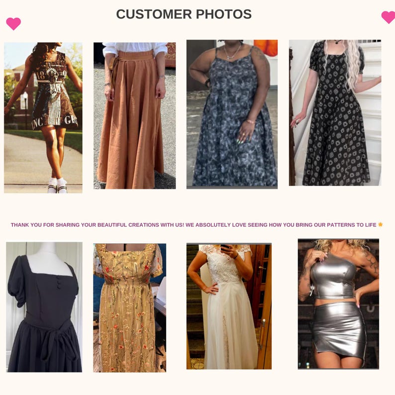 May include: A collage of customer photos showcasing various garments including a brown patterned mini dress, a tan maxi skirt, a dark tie-dye dress, a black floral dress, a black dress with puff sleeves, a gold floral dress, a white lace dress, and a metallic silver two-piece set.