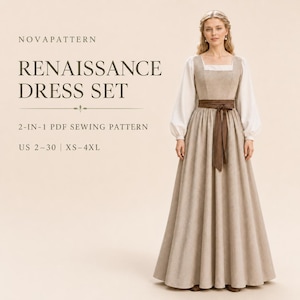 Pode incluir: Um vestido bege longo até ao chão com decote quadrado e mangas brancas compridas, com uma faixa castanha na cintura. O texto diz: NOVAPATTERN RENAISSANCE DRESS SET 2-IN-1 PDF SEWING PATTERN US 2-30 | XS-4XL. Corpete justo e saia larga e fluida.