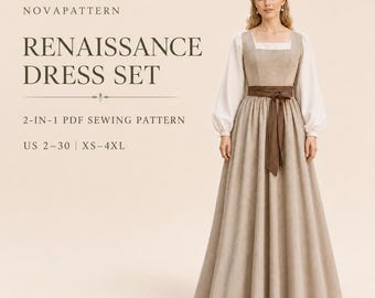 Renaissance-Kleid-Schnittmuster-Set | Historisches Bauernkleid + Hemdchen | Mittelalterliches Kostüm | PDF-Schnittmuster XS–4XL US 0–30