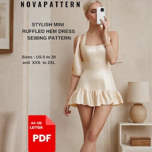Patrón de vestido mini elegante con cuello halter, adecuado para tallas A0-A4-US Carta// Damas; US 2 a 20 // XS a 2XL