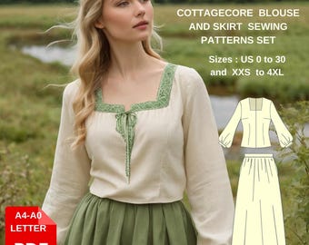 Patrón de costura para blusa y falda estilo cottagecore: tallas 2-30 (EE. UU.) (patrón en PDF)