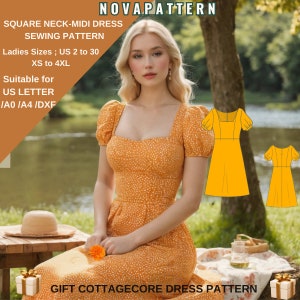 Könnte beinhalten: Ein digitales Schnittmuster für ein quadratisches Midi-Kleid mit Puffärmeln. Das Schnittmuster ist in den Größen 34 bis 52, XS bis 4XL erhältlich. Das Schnittmuster ist zum Drucken auf A4, A0 und DXF-Formaten geeignet. Das Bild zeigt eine Frau, die ein gelbes Blumenkleid mit Puffärmeln trägt. Das Kleid ist knielang und hat einen quadratischen Ausschnitt. Das Bild zeigt auch eine Strichzeichnung des Kleides in Gelb.