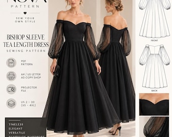 May include: A black tea-length dress with a sweetheart neckline and sheer bishop sleeves. The sewing pattern includes PDF, A4, US Letter, and A0 formats for sizes US 2-30. The design features a fitted bodice and a full skirt, with technical line drawings showing front and back views.