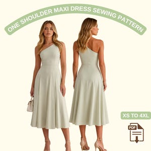 Könnte beinhalten: Schnittmuster für ein hellgrünes One-Shoulder-Maxikleid. Das Bild zeigt die Vorder- und Rückansicht des Kleides. Der Text auf dem Bild lautet "ONE SHOULDER MAXI DRESS SEWING PATTERN" und "XS TO 4XL". Ein PDF-Symbol ist ebenfalls vorhanden.