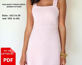 May include: A sewing pattern for a high waist straps dress. The pattern is available in sizes US 2 to 30 and XXS to 4XL. The pattern is available in A4, US Letter, and A0 sizes. The pattern is in PDF format.