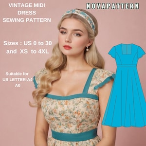 Op de afbeelding: Een naaipatroon voor een vintage midi-jurk met een vierkante halslijn en korte mouwen. Het patroon is verkrijgbaar in de maten 34 tot 54 en XS tot 4XL. Het patroon is geschikt voor A4 en A0 papierformaten.
