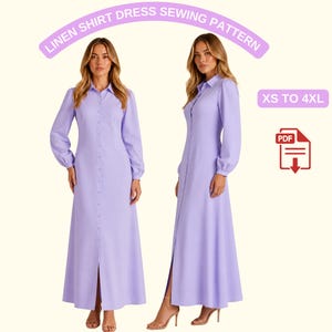 Könnte beinhalten: Ein Schnittmuster für ein hellviolettes Leinen-Hemdkleid. Das Kleid hat lange Ärmel, eine Knopfleiste vorne und eine Maxilänge mit einem Schlitz vorne. Der Text "LINEN SHIRT DRESS SEWING PATTERN" ist oben gewölbt. Größen: XS bis 4XL.