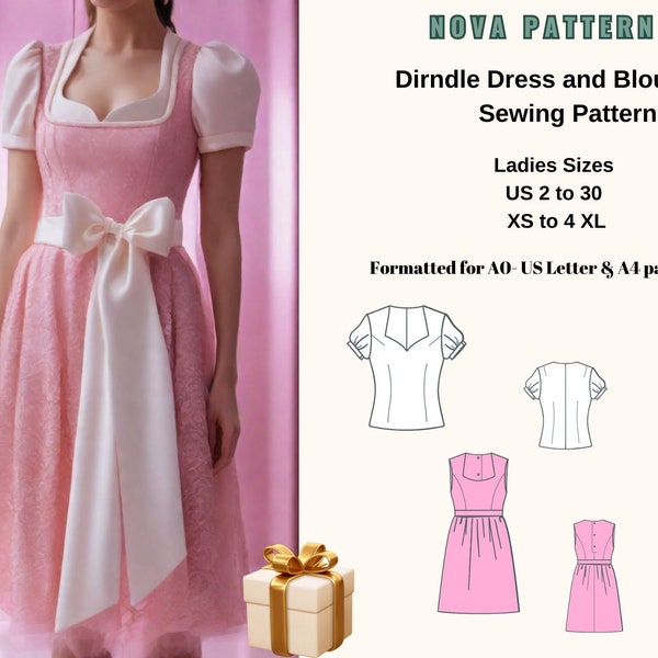 Vintage Dirndl Dress,Apron and blouse Sewing Pattern,oktoberfest dirndl A4 US Letter-36,38,40,42,44 Sizes