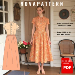 Modelli di cucito vintage ispirati agli anni '50, set camicia e gonna lunga, taglie da donna; US 2 a 30 // XS a 4XL /// Adatto per formato lettera US - A4 - A0