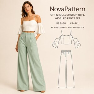 Op de afbeelding: NovaPattern naaipatroon voor een set met een off-shoulder crop top en een wijde broek. US-maten 2-30, XS-4XL, formaten A4, US Letter, A0 en projector. Bevat een witte crop top met uitlopende mouwen en een lichtgroene wijde broek.