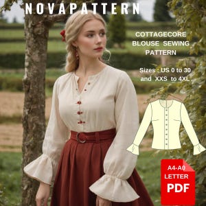Puede incluir: Un patrón de costura para una blusa de estilo cottagecore con mangas largas y cierre de botones. El patrón está disponible en tallas españolas 34 a 54 y XXS a 4XL. El patrón está impreso en papel tamaño carta A4-A0 y está en formato PDF.