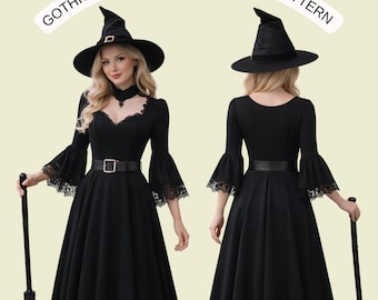Gothic Witch Costume Sewing Pattern | Halloween Dress & Hat Set | Victorian Witch Outfit | Cosplay Costume PDF Sewing Pattern