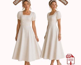 Cottagecore Dress Sewing Pattern, Square Neck Bishop Sleeve Midi Dress PDF Pattern, Romantic Fit and Flare Linen Dress, A4 A0 US Letter