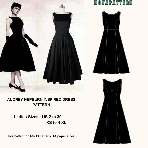 1950er Audrey Hepburn Style Promi-Kleid-Muster, Laides Größe; US 2 bis 30 (XS bis 4XL) // Geeignet für A0- A4- US Letter Format