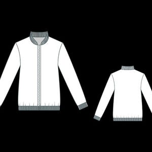 May include: White bomber jacket with a ribbed collar, cuffs, and hem. The jacket features a full-length zipper down the front and long sleeves. The design is shown from the front and back.