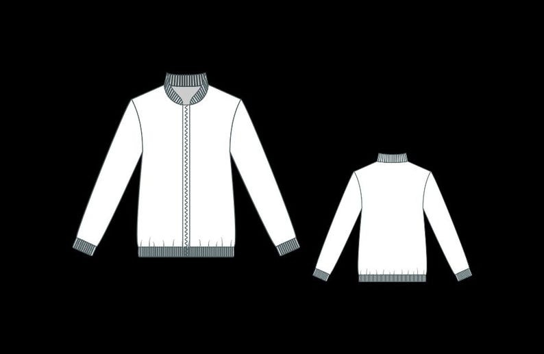 May include: White bomber jacket with a ribbed collar, cuffs, and hem. The jacket features a full-length zipper down the front and long sleeves. The design is shown from the front and back.