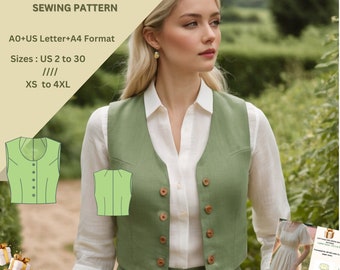 Naaipatroon gilet met ronde hals | Getailleerd damesvest pdf | Renaissance cottagecore-lijfje met knoop aan de voorkant | Gelaagd pdf-patroon