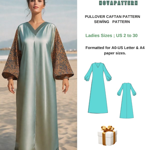 Pullover Caftan Pattern,Tunic Sewing Pattern// Suitable for A0- A4 -US Letter// US 2 to 30 and XS to 4XL