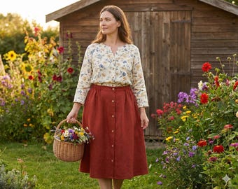 Cottagecore Button Down Midi Skirt Sewing Pattern • Women’s Gathered Waist Skirt PDF • Linen Skirt Pattern • A4 US Letter A0