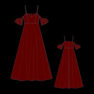 Puede incluir: Dos vestidos rojos sin mangas con tirantes de hombros descubiertos y mangas con volantes. Los vestidos son largos y tienen un dise&ntilde;o simple y elegante.