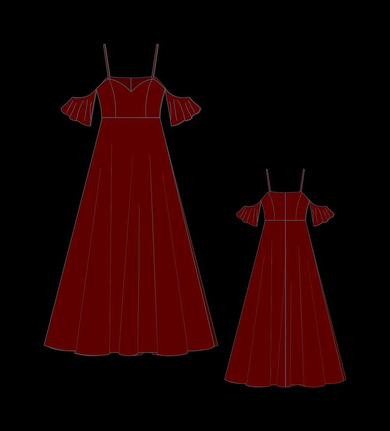 Puede incluir: Dos vestidos rojos sin mangas con tirantes de hombros descubiertos y mangas con volantes. Los vestidos son largos y tienen un dise&ntilde;o simple y elegante.