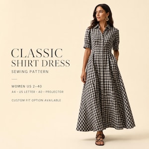Classic Shirt Dress Sewing Pattern, Button Down Midi Dress PDF Pattern, Linen or Cotton Dress,Size: US 2 to 30 - A4 A0 US Letter