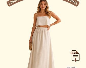Set Linen Top And Maxi Skirt Sewing Pattern, Linen Gathered,Gathering Skirt, Modest Skirt Pattern, Summer Skirt ,Sizes; US 2 to 30