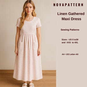 Linen Gathered Maxi Dress Sewing Pattern | Short Sleeve Prairie Dress | Cottagecore Summer Outfit | Easy PDF Sewing Pattern Women