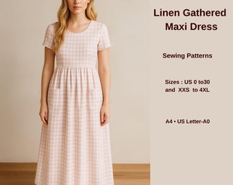 Leinen Raffung Maxi Kleid Schnittmuster | Kurzarm Prärie Kleid | Cottagecore Sommer Outfit | Easy PDF Schnittmuster Frauen