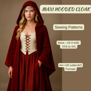 Padrão de costura para capa com capuz longo | Capa medieval renascentista com capuz | Capa para cosplay ou fantasia | Padrão em PDF A4 A0 Carta EUA