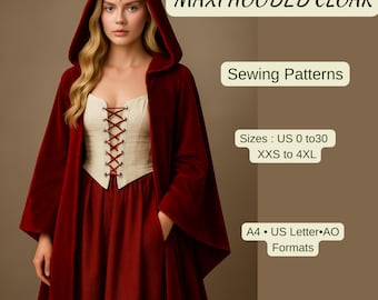 Maxi Hooded Cloak Sewing Pattern | Renaissance Medieval Cape with Hood | Cosplay or Costume Cloak | PDF Pattern A4 A0 US Letter