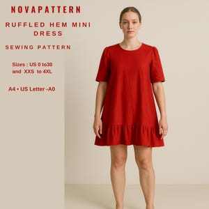 May include: A red ruffled hem mini dress. The dress has short sleeves and a round neckline. The sewing pattern includes sizes US 0 to 30 and XXS to 4XL. The text "NOVAPATTERN" and "RUFFLED HEM MINI DRESS" are visible.