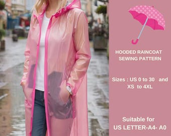 Raincoat Sewing Pattern: Hooded Front Zipper Jacket (XS-4XL) (PDF Pattern)