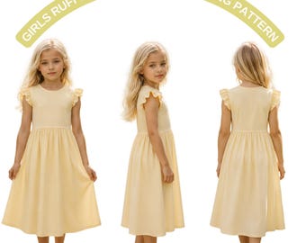 Patrón de costura para vestido de niña con mangas con volantes / Vestido de verano con cintura fruncida / Patrón de costura fácil en PDF para niñas / Vestido de juego y conjunto de fiesta