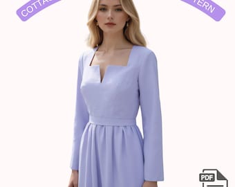 Cottagecore Midi Dress Sewing Pattern, Square Neck Puff Sleeve Dress Pattern, Romantic Fit and Flare Linen Dress, Women US 2-30 A4 A0-Letter