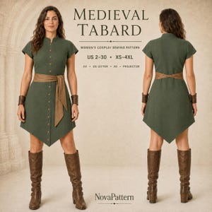 Puede incluir: Un patrón de costura para tabardo medieval que muestra un vestido verde oliva de manga corta con cierre de botones frontal y fajín marrón. El texto dice: MEDIEVAL TABARD, WOMEN'S COSPLAY SEWING PATTERN, US 2-30, XS-4XL, A4, US LETTER, A0, PROJECTOR, NovaPattern.