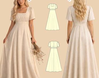 Cottagecore Dress Sewing Pattern | Square Neck Puff Sleeve Maxi Dress | Romantic Prairie Style | PDF Sewing Pattern for Women