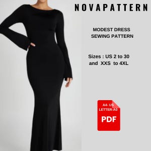 May include: A sewing pattern for a modest dress in sizes US 2 to 30 and XXS to 4XL. The pattern is available in A4, US Letter, and A0 sizes and is in PDF format.