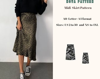 A-Line Bias Satin Skirt Sewing Pattern,Ladies size ; US2 to US30 // Suitable for A4-US LETTER-AO Format, Midi Elastic Waist Bias Cut Skirt